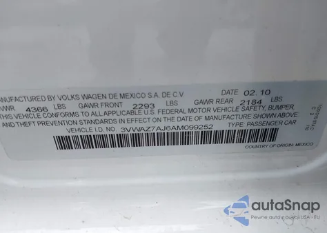 2010 Volkswagen Jetta Limited Edition z USA, uszkodzony, nr VIN 3VWAZ7AJ6AM099252